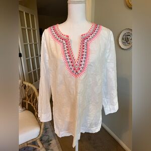 Lilly Pulitzer White Tunic with Pink and Blue Embroidery Size Large
